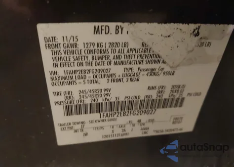 2015 Ford Taurus Sel from USA, damaged, VIN 1FAHP2E82FG209027